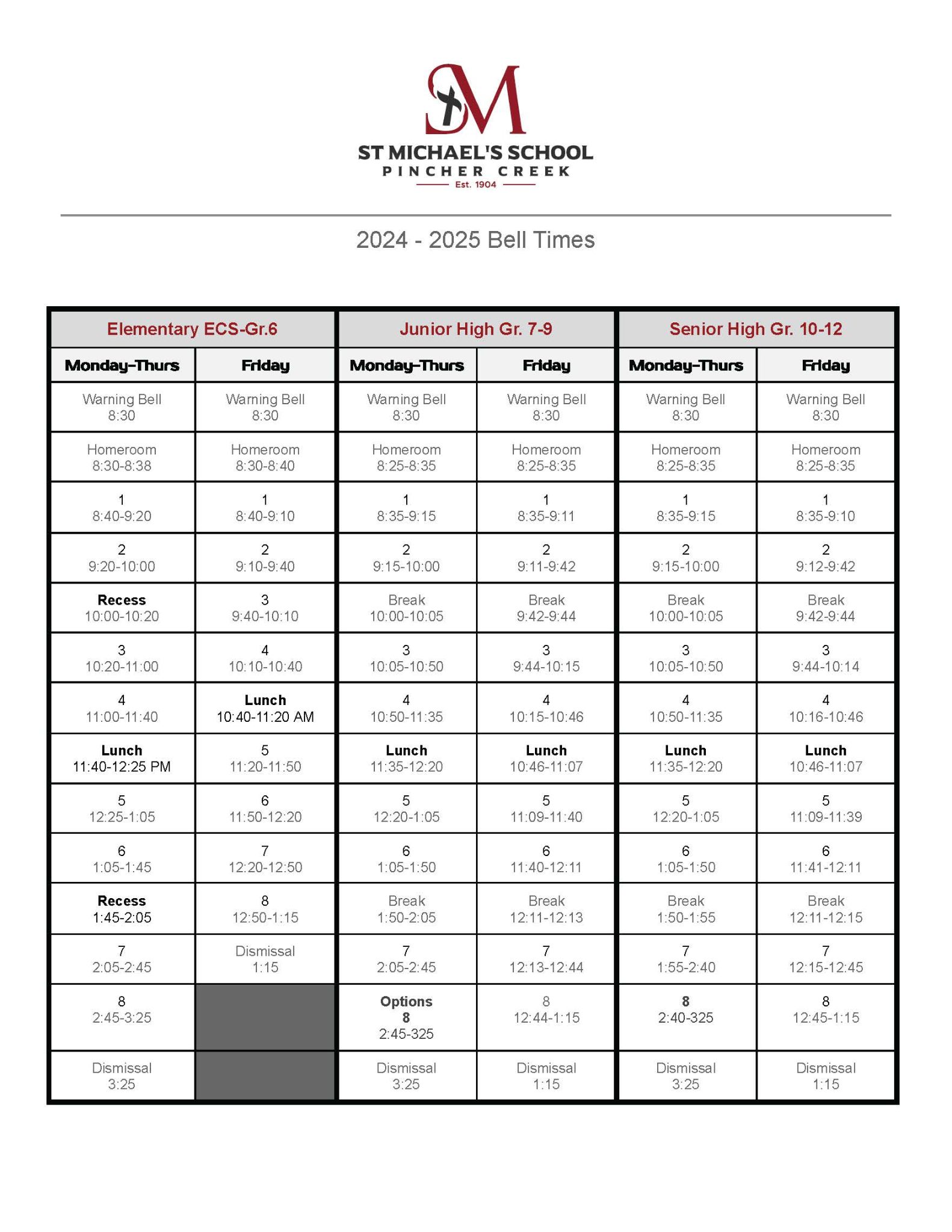 SMPC 2024 2025 Bell Times