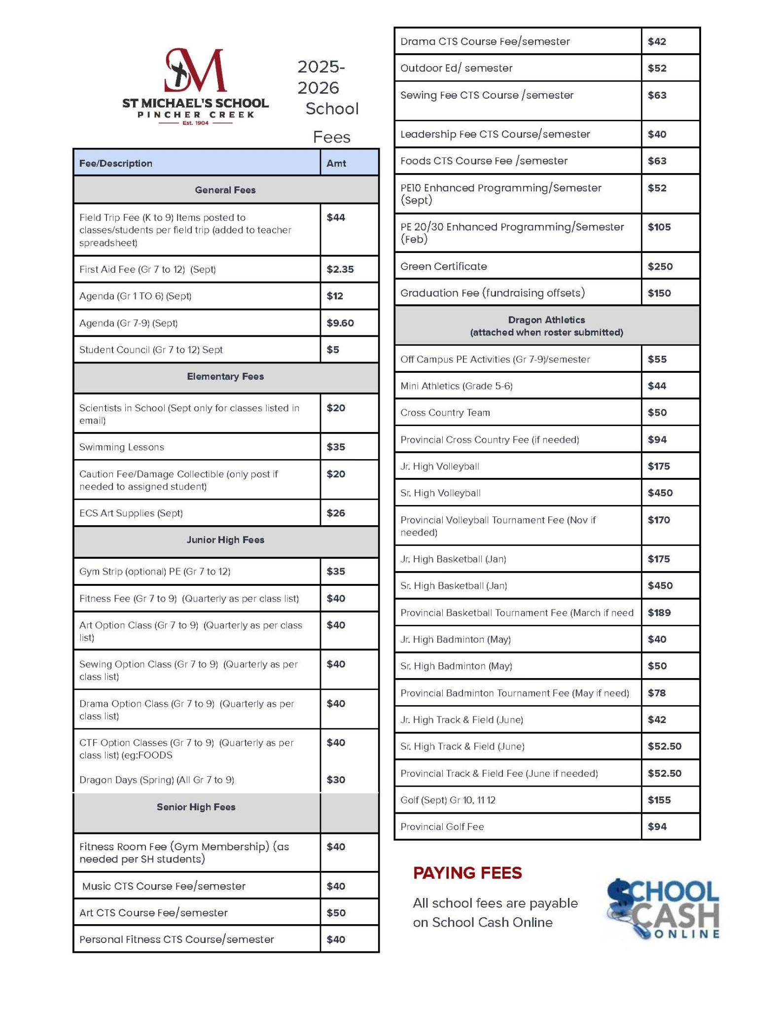 School Fee schedule 2025 26 Page 1